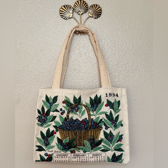 Hand Crafted Canvas Tote with Blueberry and Basket Design - Picture 2 of 6